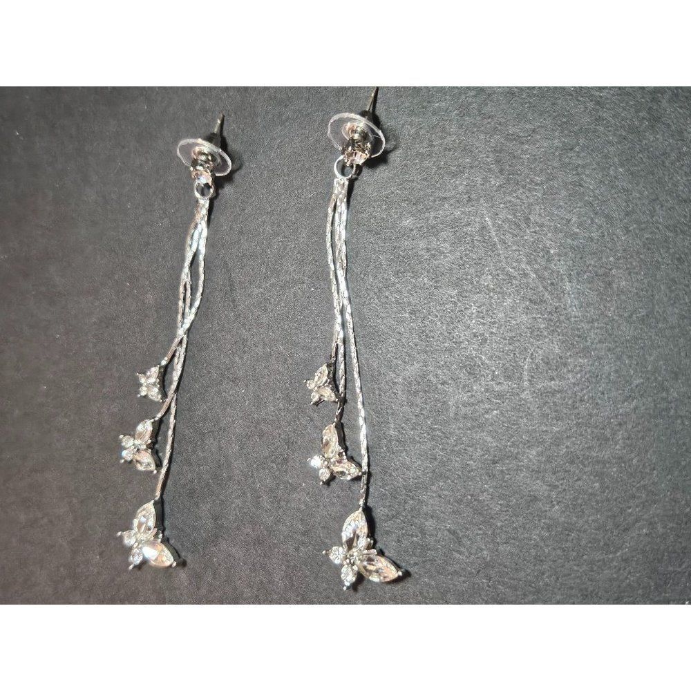 Sterling silver dangling rhinestone butterfly earrings